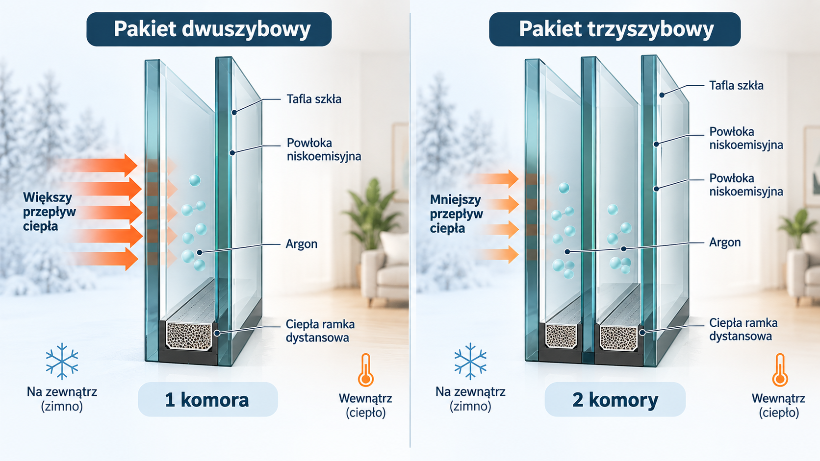 Porównanie przekroju pakietu dwuszybowego i trzyszybowego